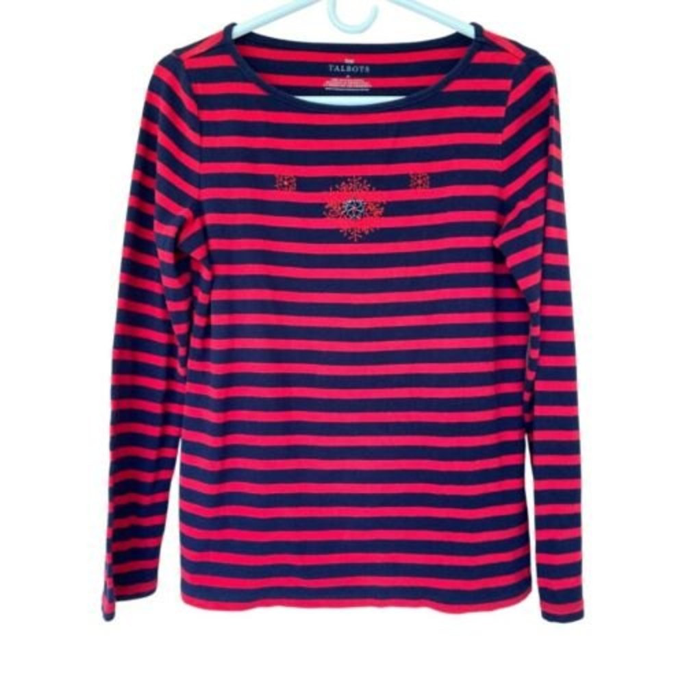 Talbots Women’s Red and Blue Striped Snowflake Bling Top Size Medium